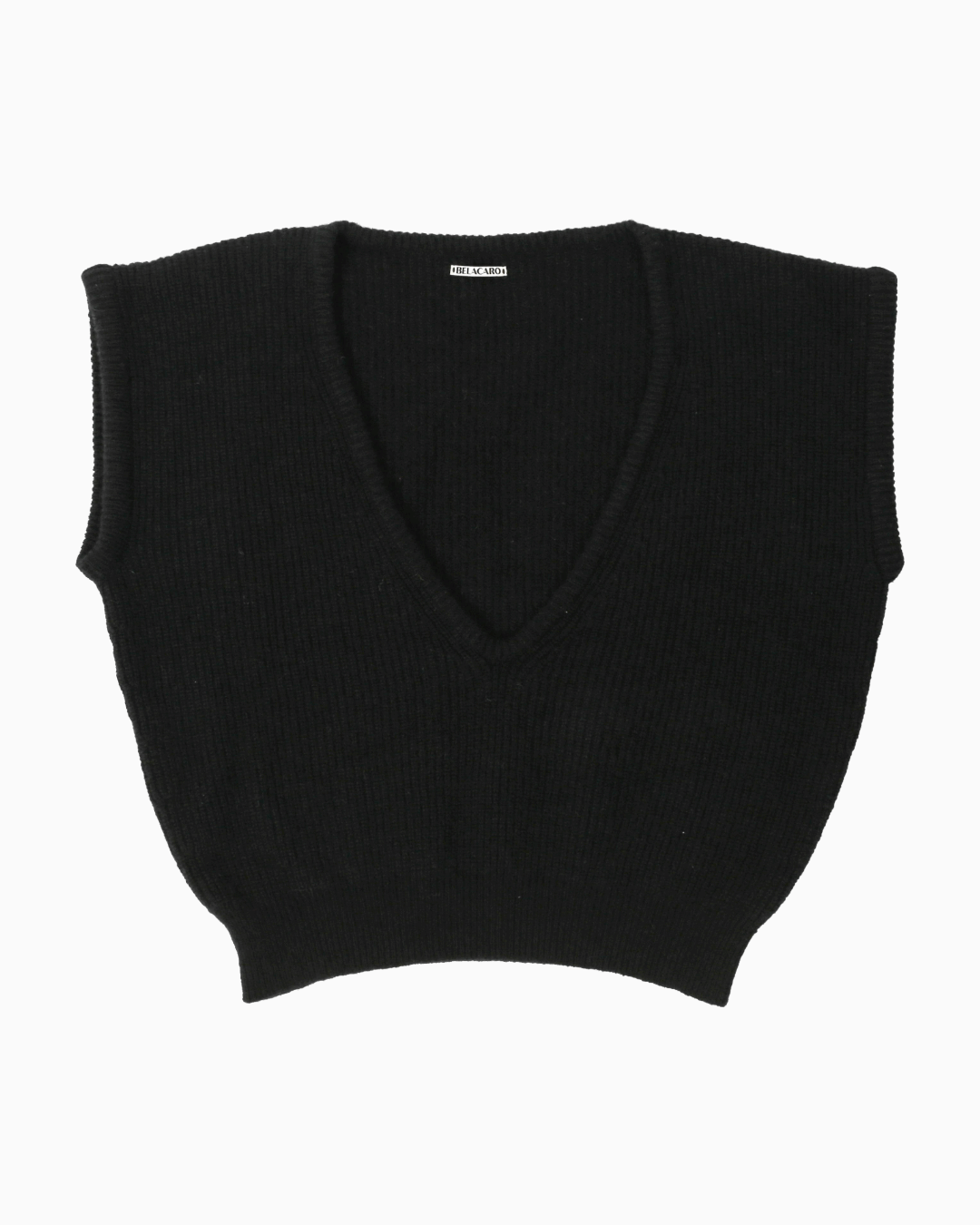 A black alpaca knit sleeveless deep V-neck sweater vest, shown flat against a plain white background.