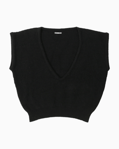 A black alpaca knit sleeveless deep V-neck sweater vest, shown flat against a plain white background.