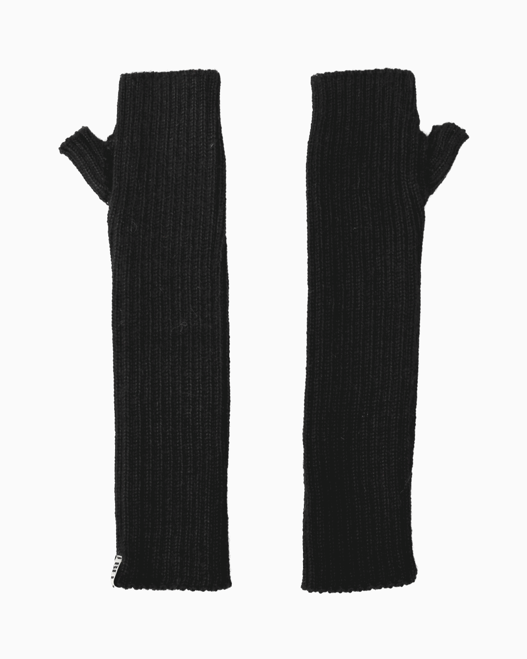 A pair of black alpaca knit hand warmer set, set against a white background