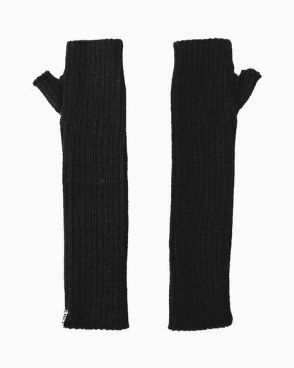 A pair of black alpaca knit hand warmer set, set against a white background