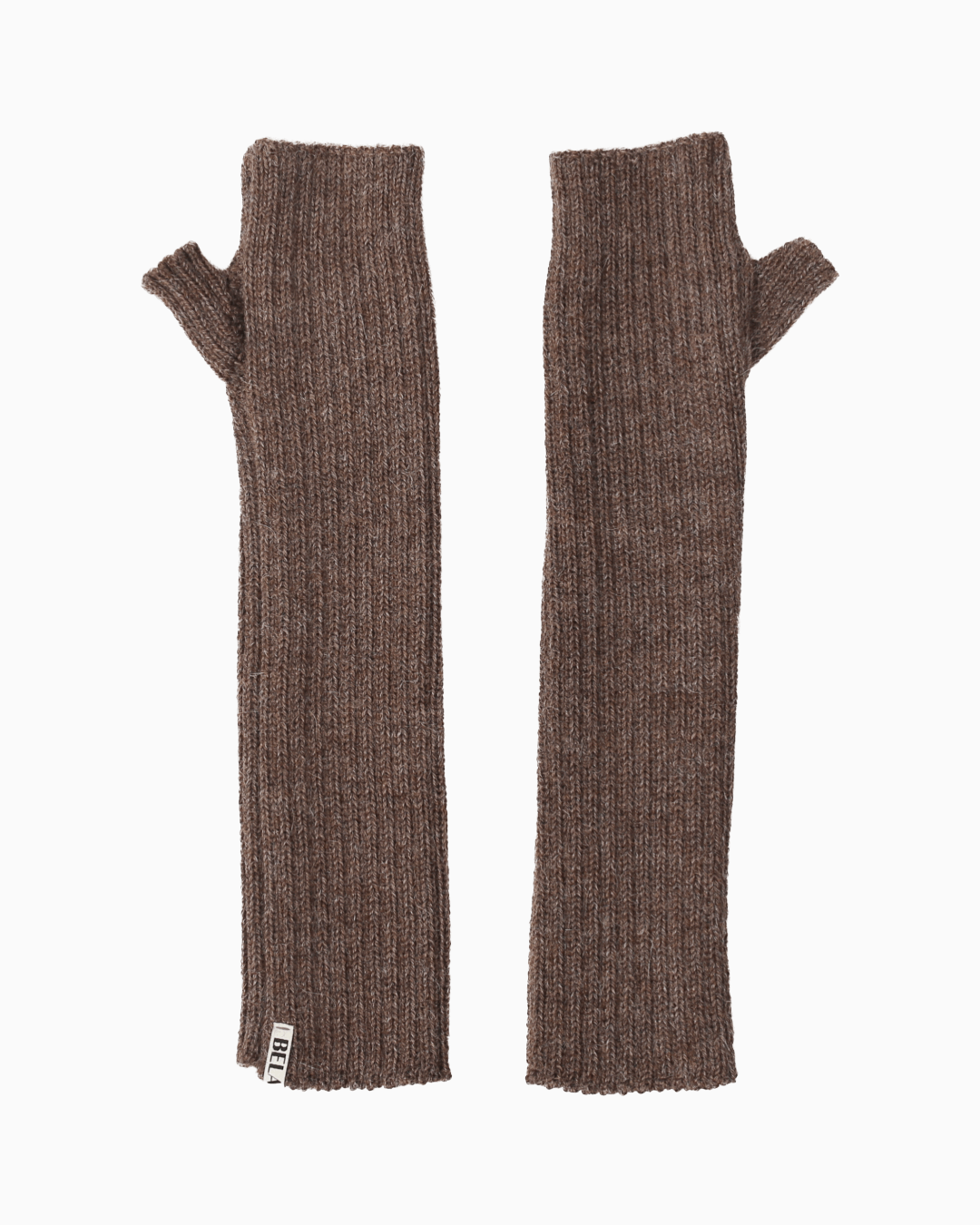 A pair of brown alpaca knit hand warmer set, set against a white background