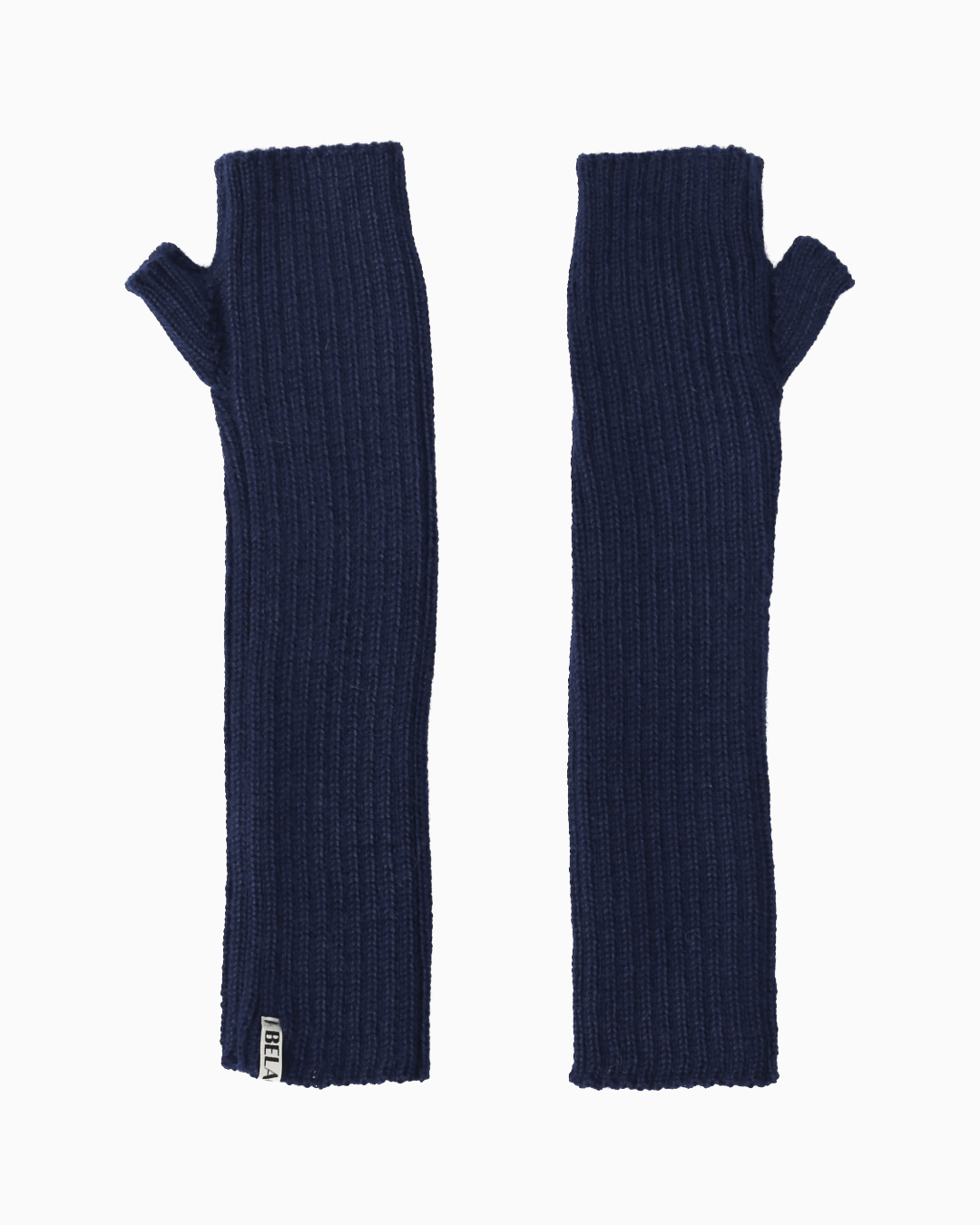 A pair of navy alpaca knit hand warmer set, set against a white background
