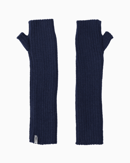 A pair of navy alpaca knit hand warmer set, set against a white background