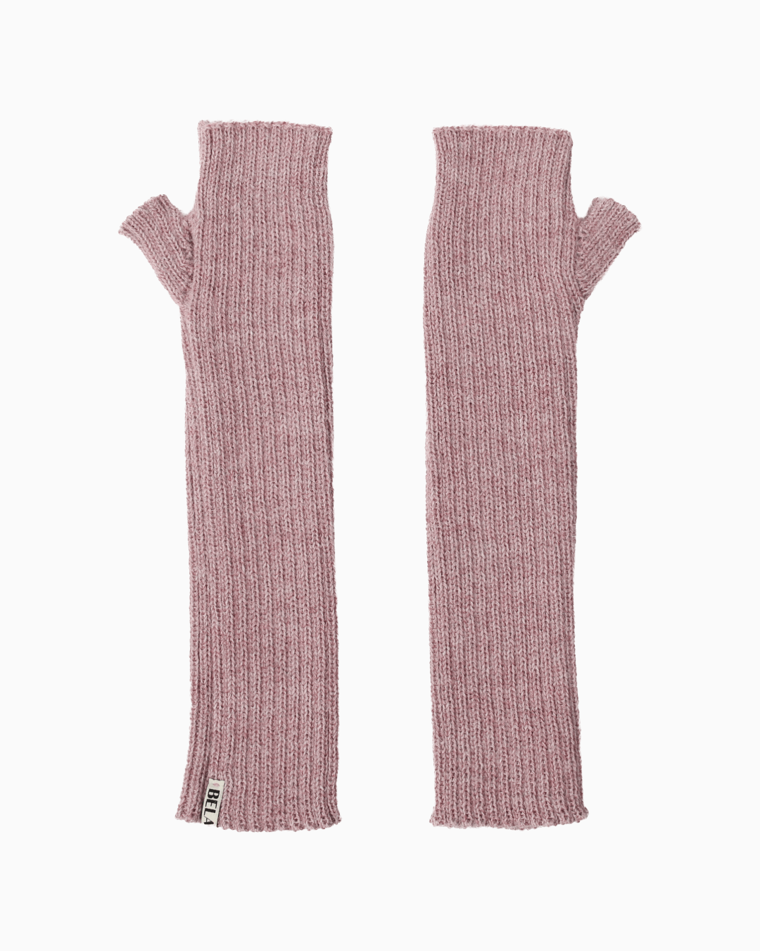 A pair of pink alpaca knit hand warmer set, set against a white background