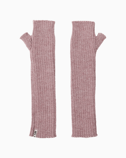 A pair of pink alpaca knit hand warmer set, set against a white background