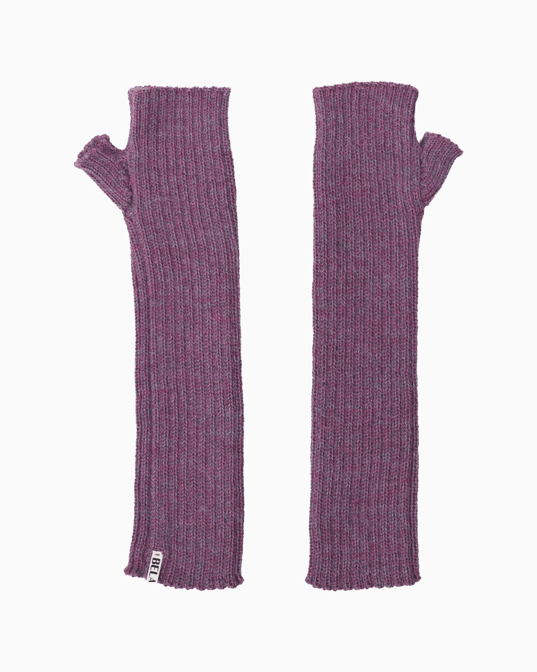 A pair of purple alpaca knit hand warmer set, set against a white background
