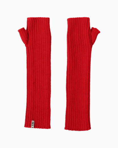 A pair of red alpaca knit hand warmer set, set against a white background