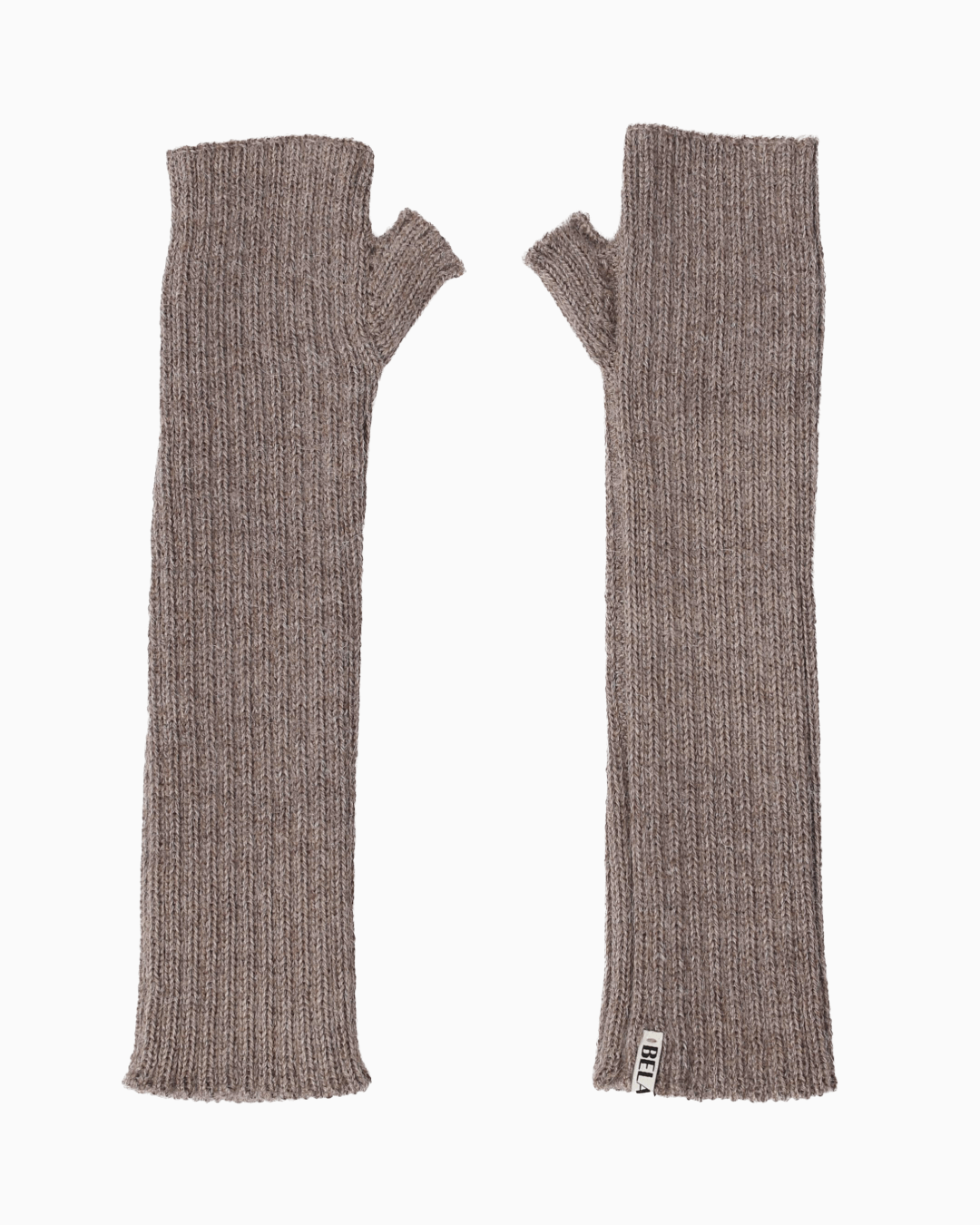 A pair of taupe alpaca knit hand warmer set, set against a white background