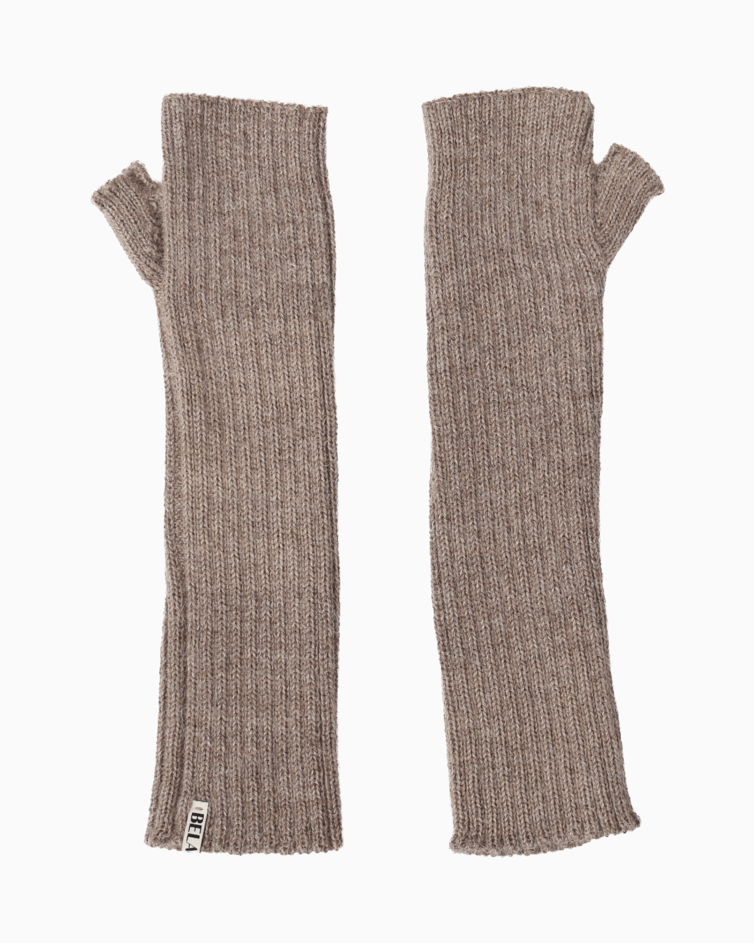 A pair of taupe alpaca knit hand warmer set, set against a white background