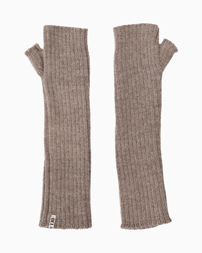 A pair of taupe alpaca knit hand warmer set, set against a white background