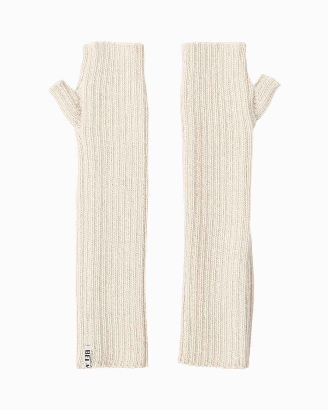 A pair of white alpaca knit hand warmer set, set against a white background
