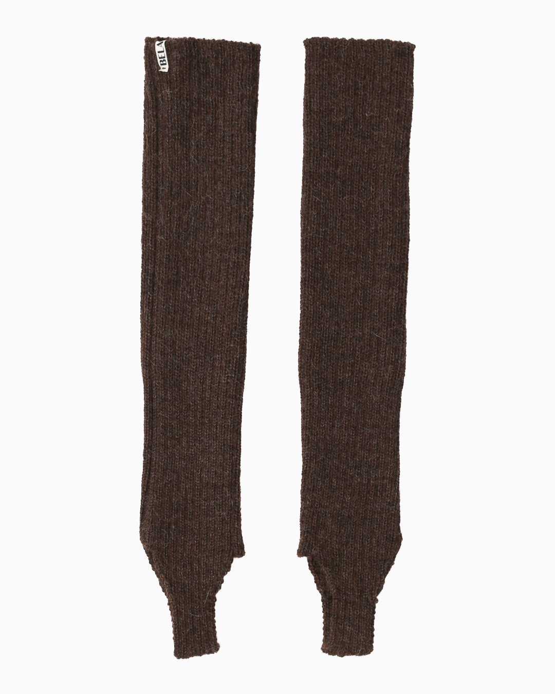 packshot of brown alpaca knitted leg warmers against a white background