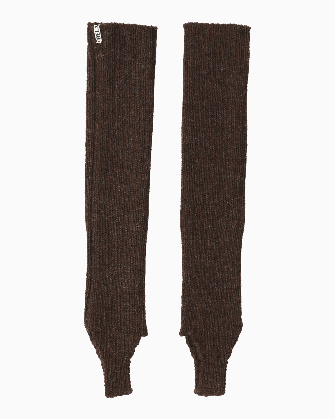 packshot of brown alpaca knitted leg warmers against a white background