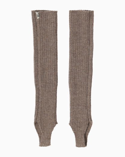 packshot of taupe alpaca knitted leg warmers against a white background