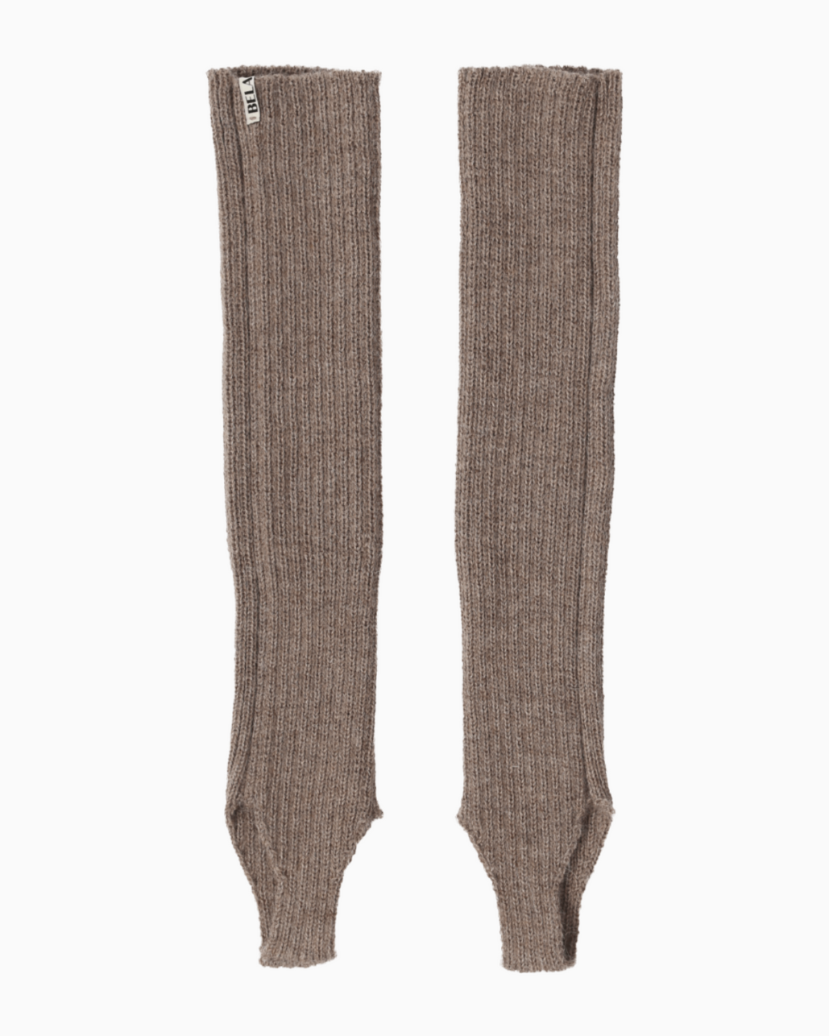packshot of taupe alpaca knitted leg warmers against a white background