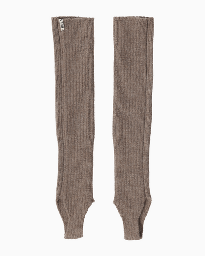 packshot of taupe alpaca knitted leg warmers against a white background