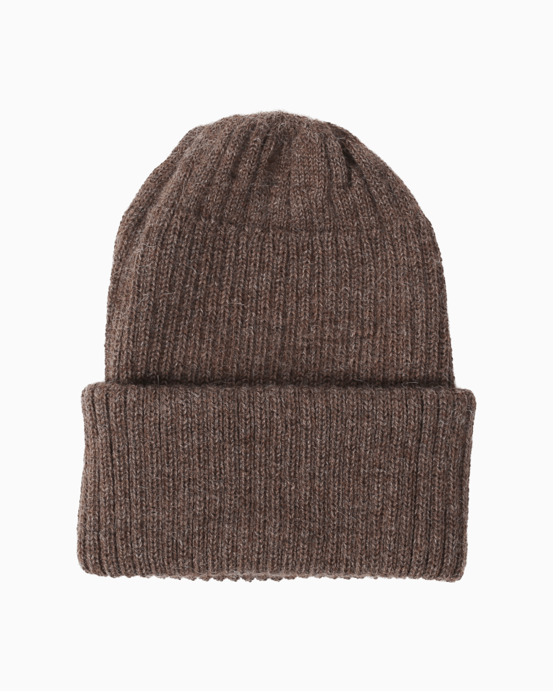 A ribbed alpaca knit beanie hat in a brown color, shown flat against a solid white background.