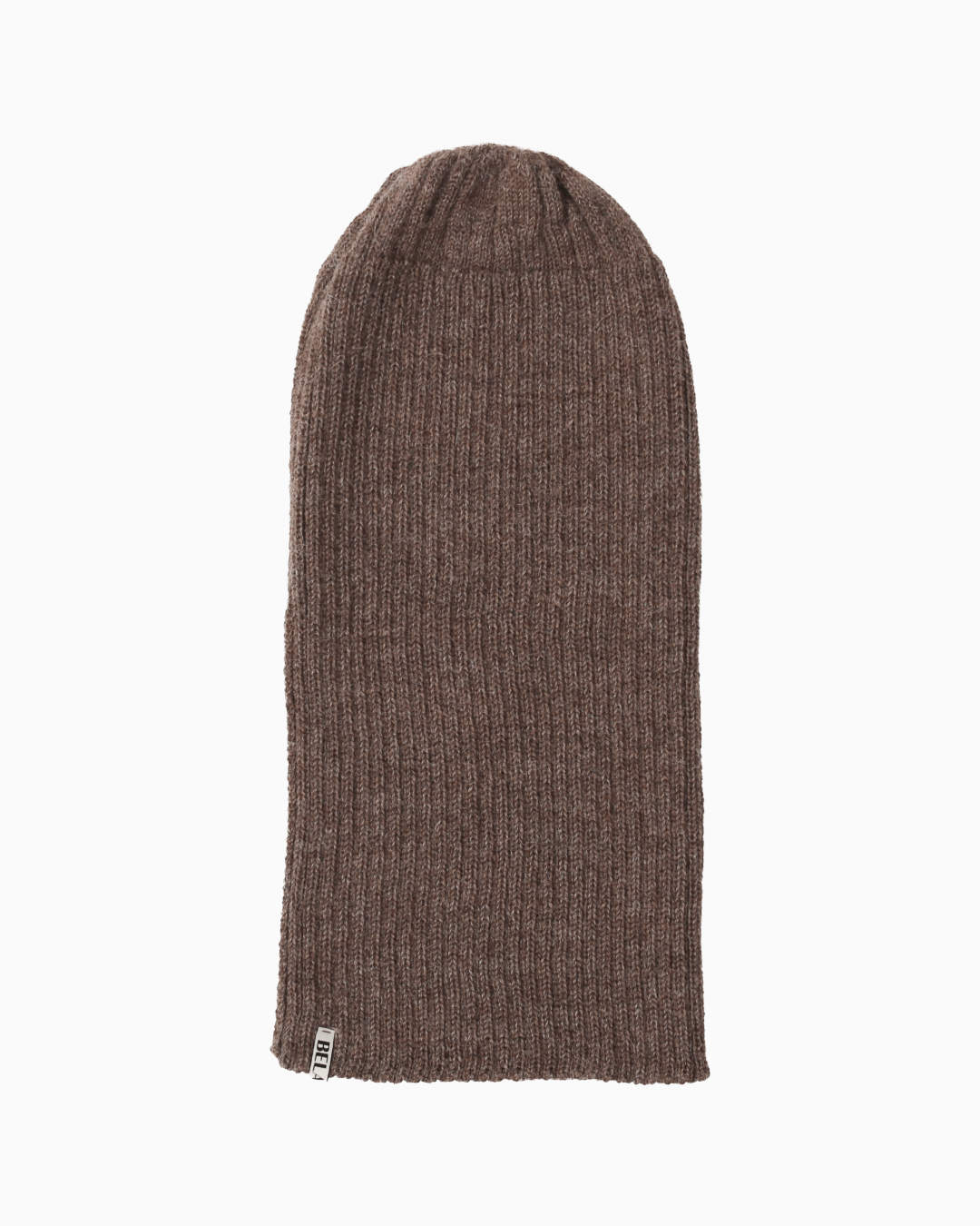 A ribbed alpaca knit beanie hat unrolled in a brown color, shown flat against a solid white background.