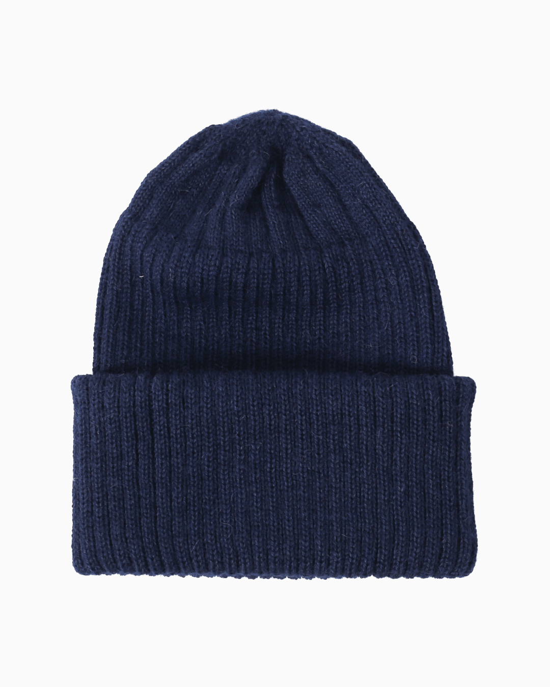 A ribbed alpaca knit beanie hat in a navy color, shown flat against a solid white background.
