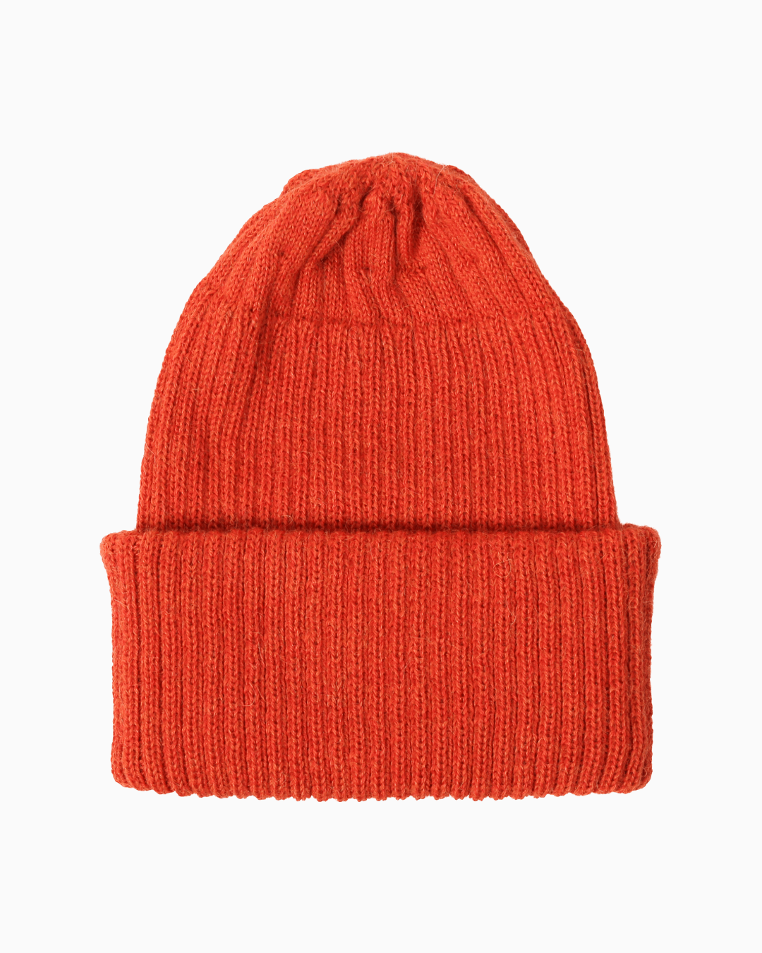 A ribbed alpaca knit beanie hat in a orange color, shown flat against a solid white background.
