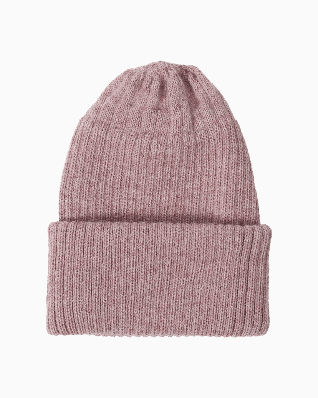 A ribbed alpaca knit beanie hat in a pink color, shown flat against a solid white background.