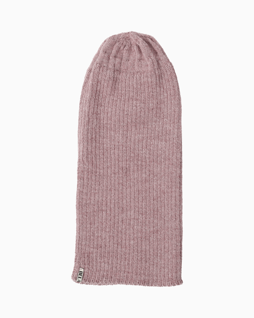 A ribbed alpaca knit beanie hat unrolled in a pink color, shown flat against a solid white background.