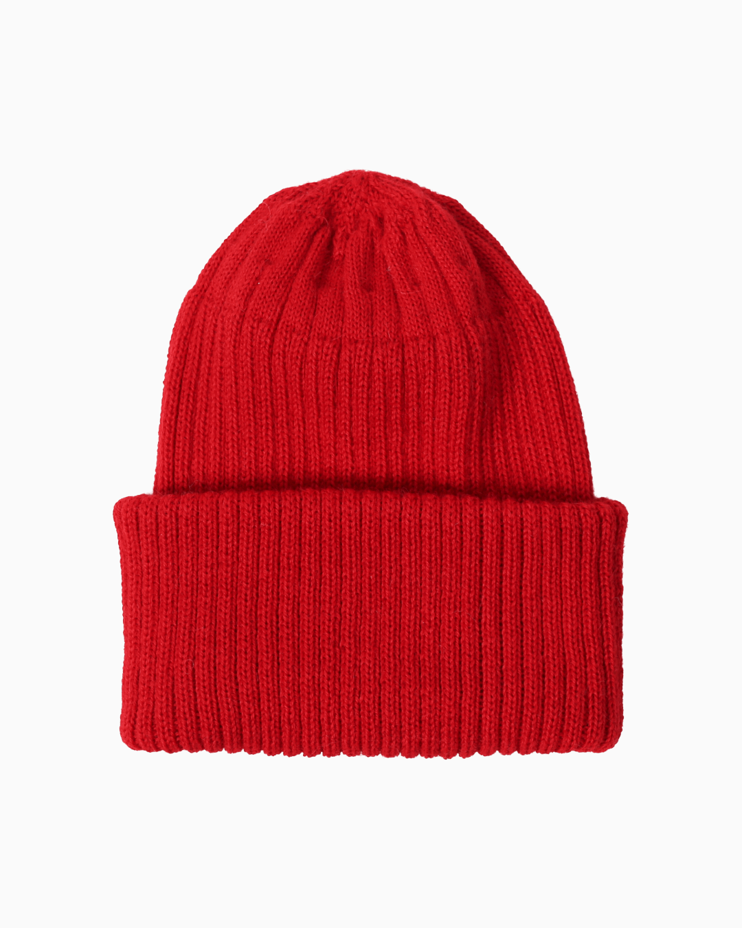 A ribbed alpaca knit beanie hat in a red color, shown flat against a solid white background.