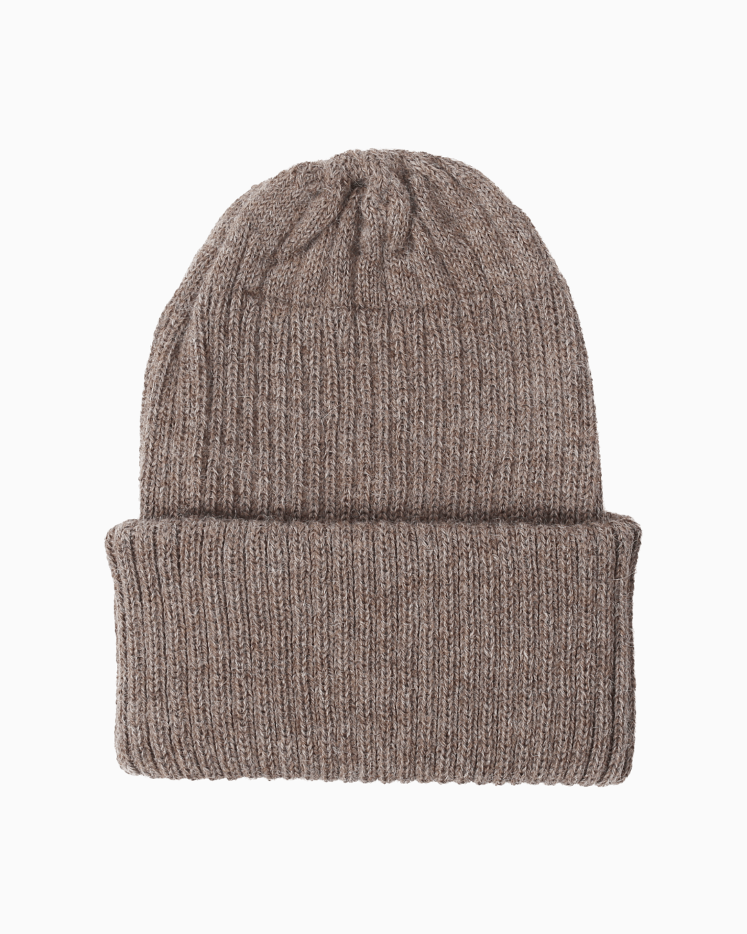 A ribbed alpaca knit beanie hat in a taupe color, shown flat against a solid white background.