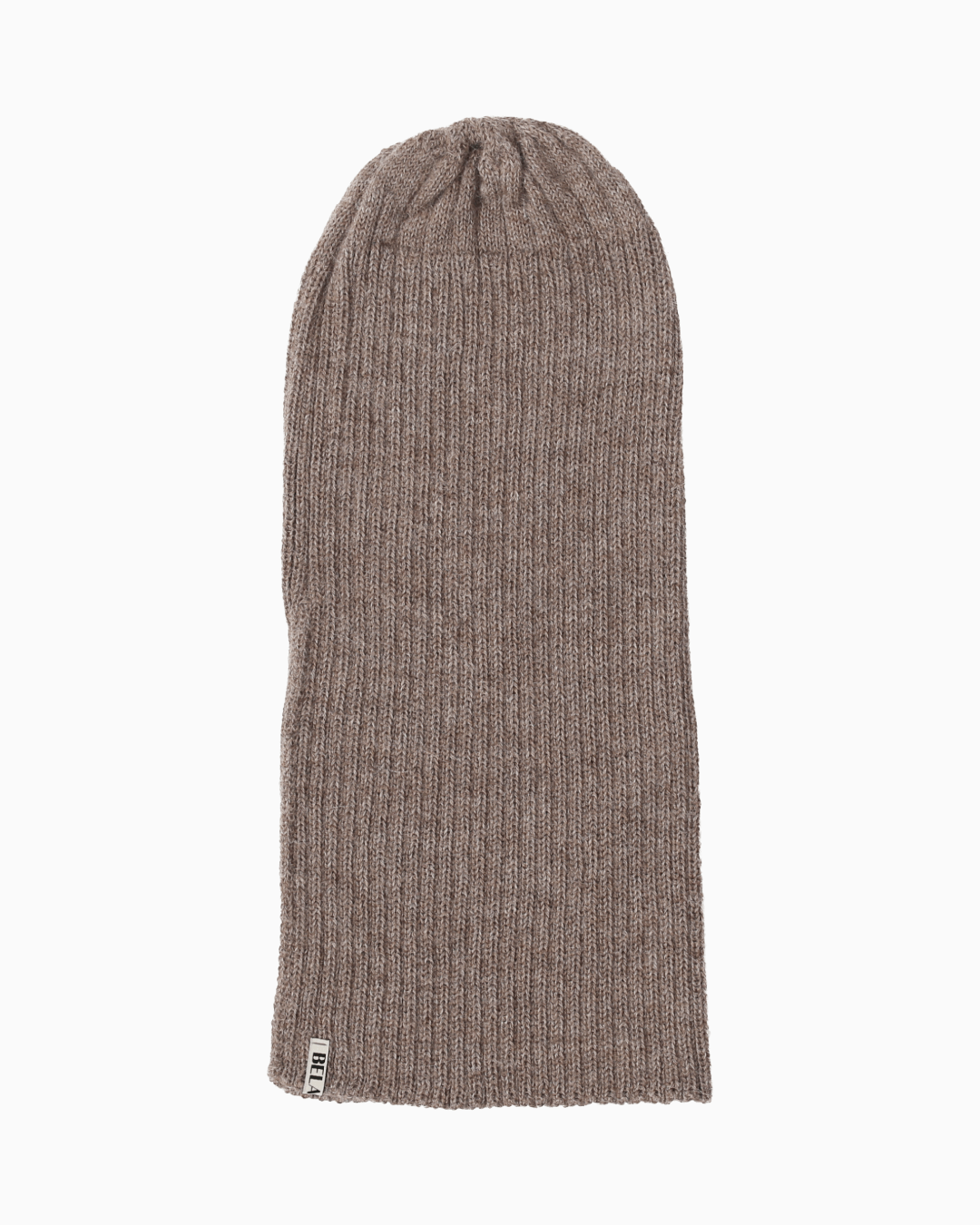 A ribbed alpaca knit beanie hat unrolled in a taupe color, shown flat against a solid white background.
