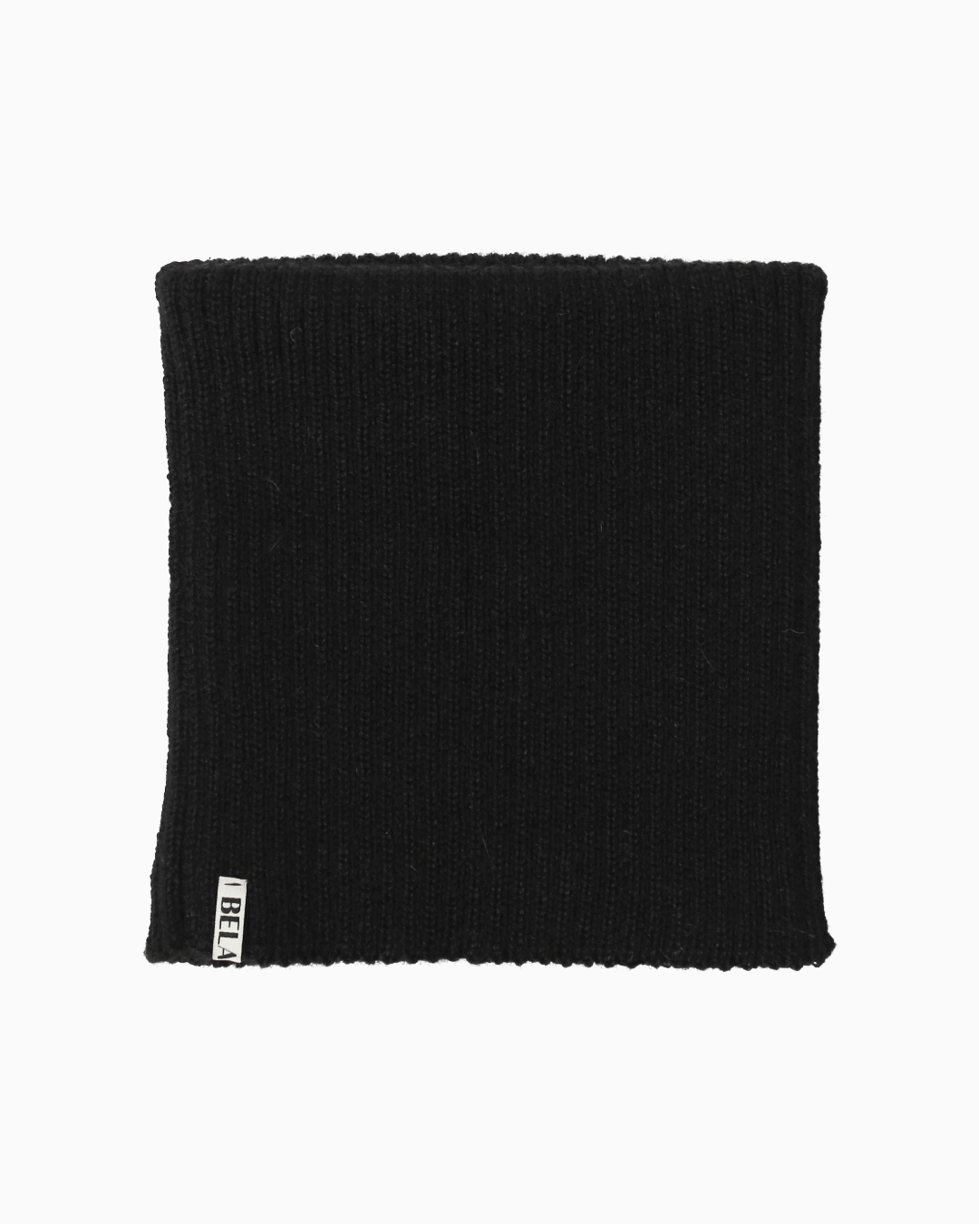 packshot of a folded black alpaca knitted neck warmer against a white background