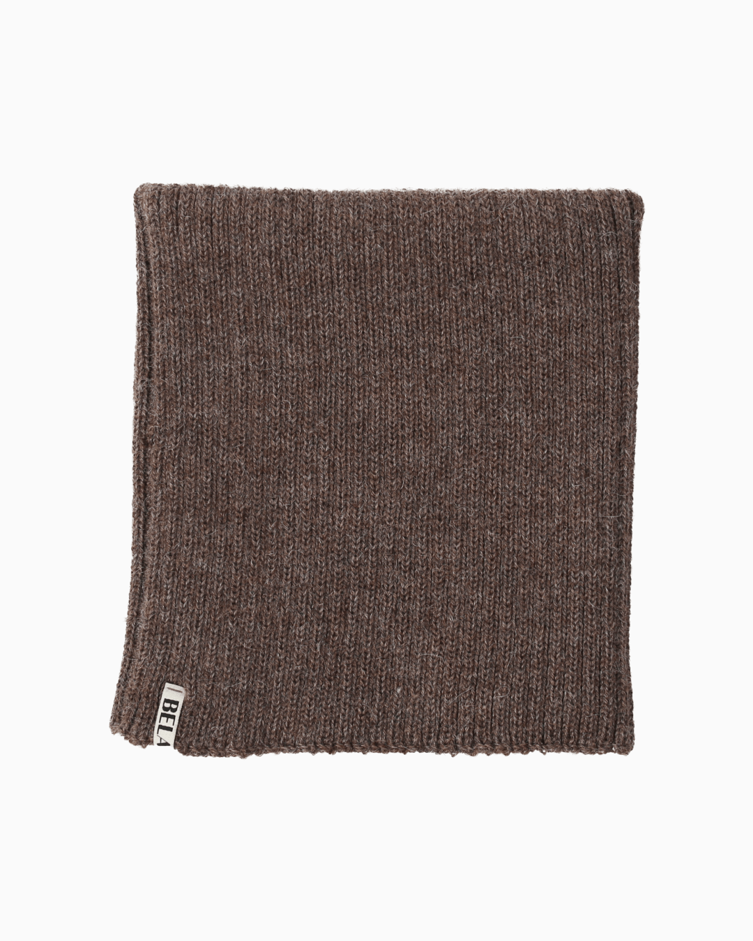 packshot of a folded brown alpaca knitted neck warmer against a white background