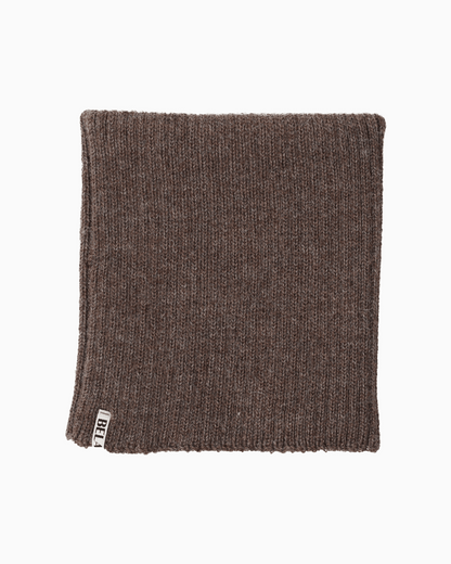 packshot of a folded brown alpaca knitted neck warmer against a white background