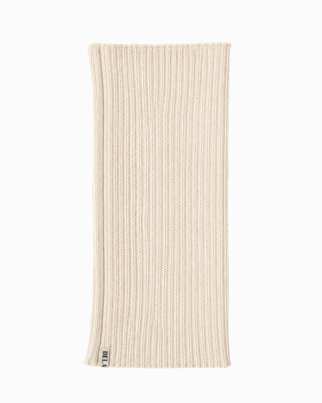 packshot of an cream alpaca knitted neck warmer against a white background