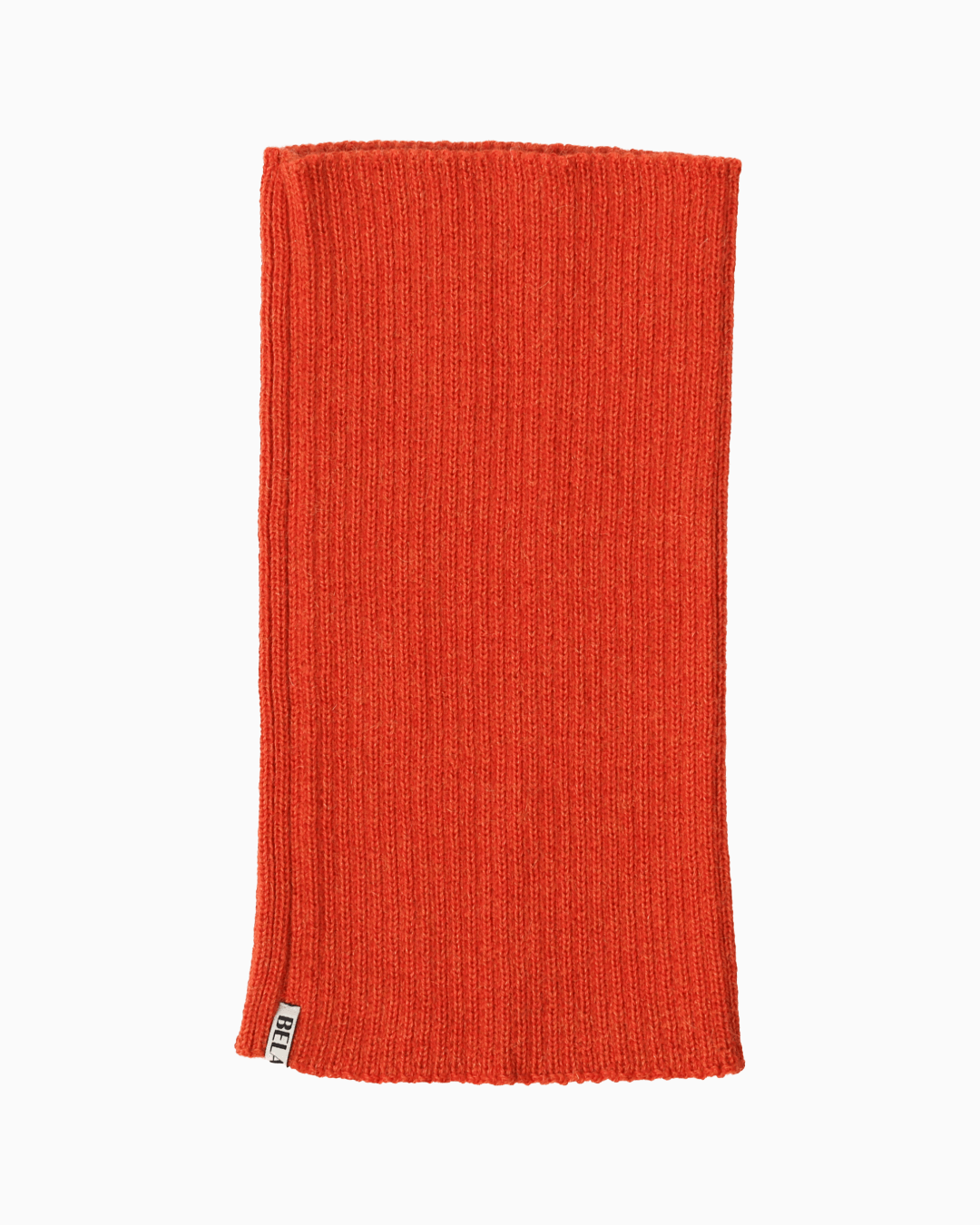 packshot of an orange alpaca knitted neck warmer against a white background