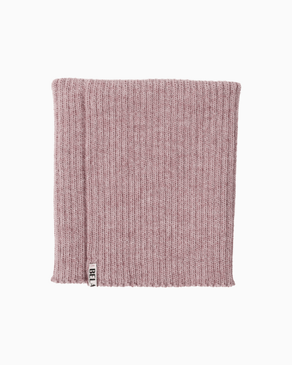 packshot of a folded pink alpaca knitted neck warmer against a white background