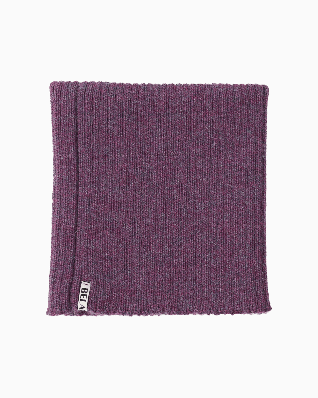 packshot of a folded purple alpaca knitted neck warmer against a white background