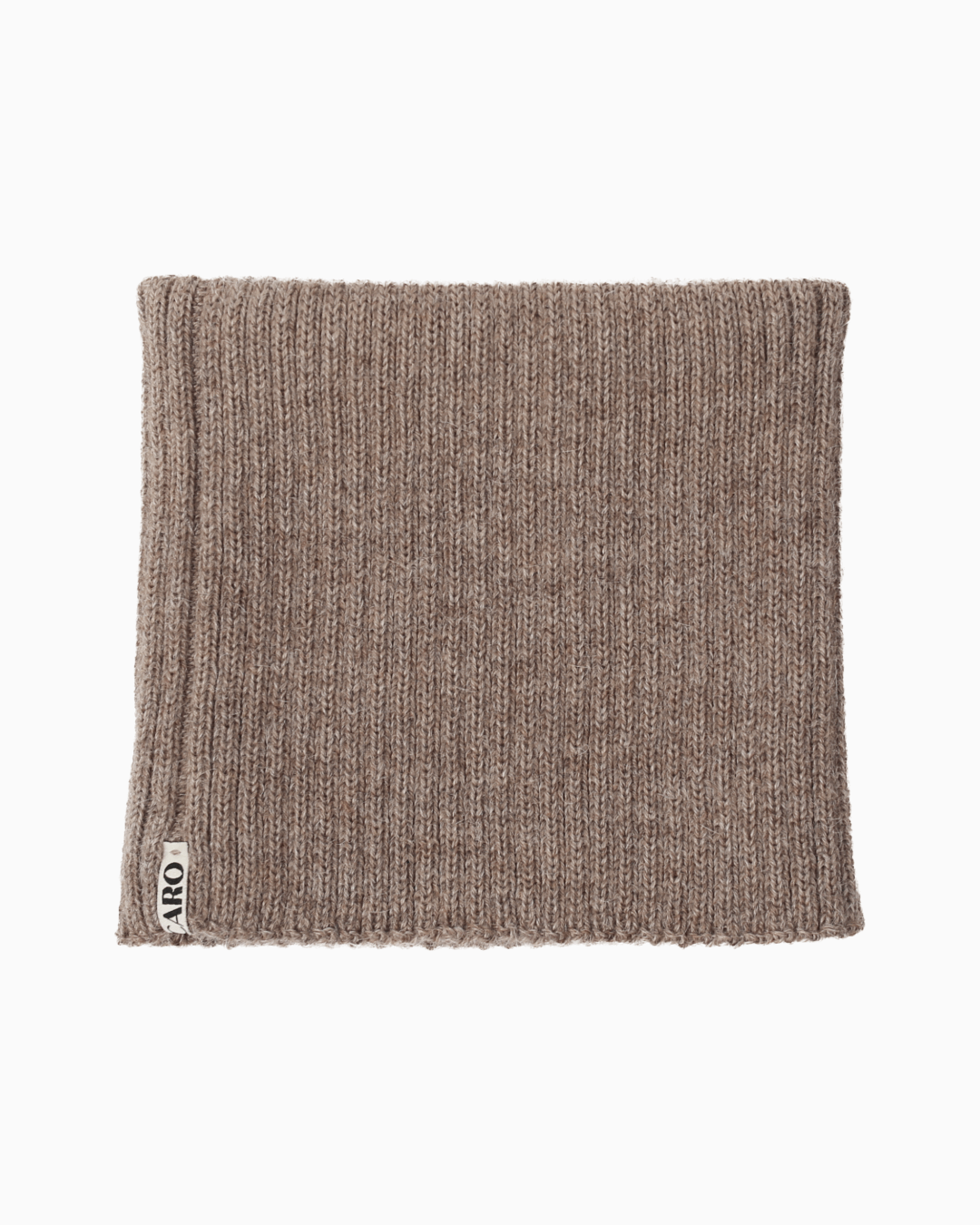 packshot of a folded taupe alpaca knitted neck warmer against a white background