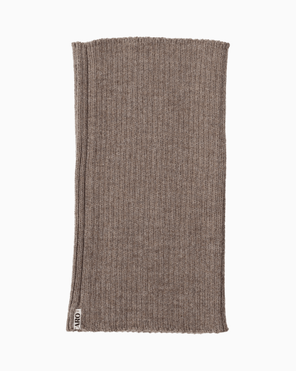 packshot of an taupe alpaca knitted neck warmer against a white background
