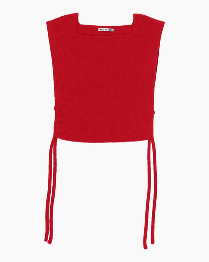 A red knit apron top