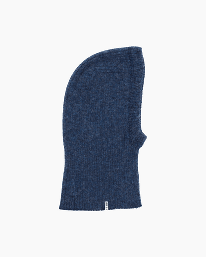 Packshot of a blue ribbed baby balaclava baby