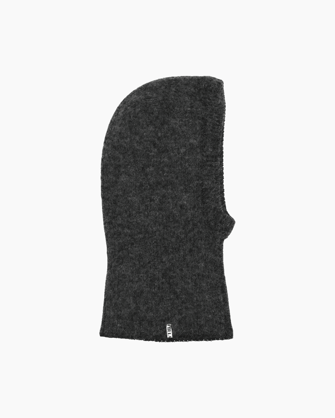 Packshot of a dark grey ribbed baby balaclava