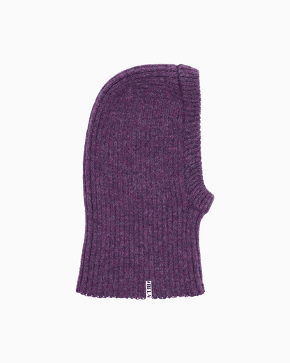 Packshot of a purple ribbed baby balaclava
