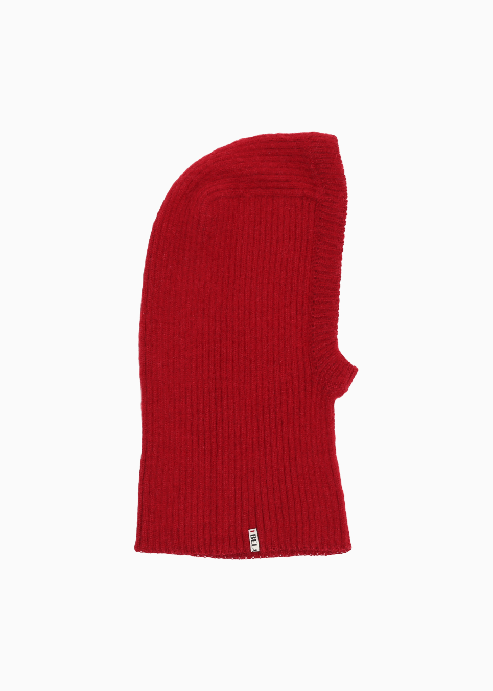 Packshot of a red ribbed baby balaclava