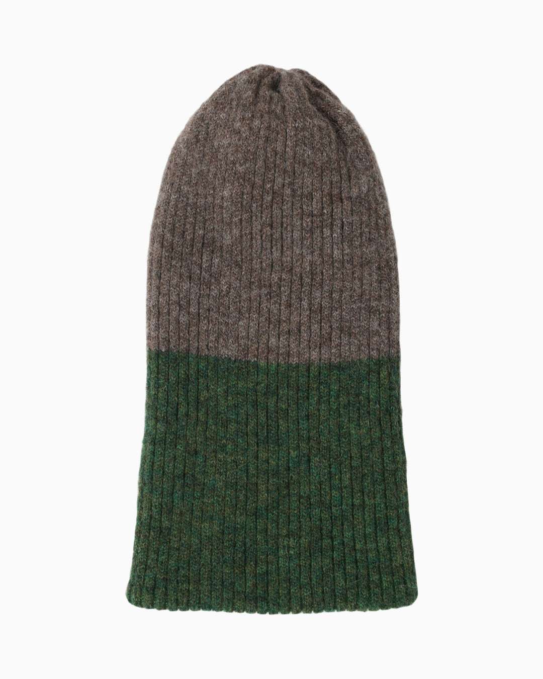 Belacaro beanie in grey and green baby alpaca, ribbed knit texture with soft color block design, flat lay on white background.