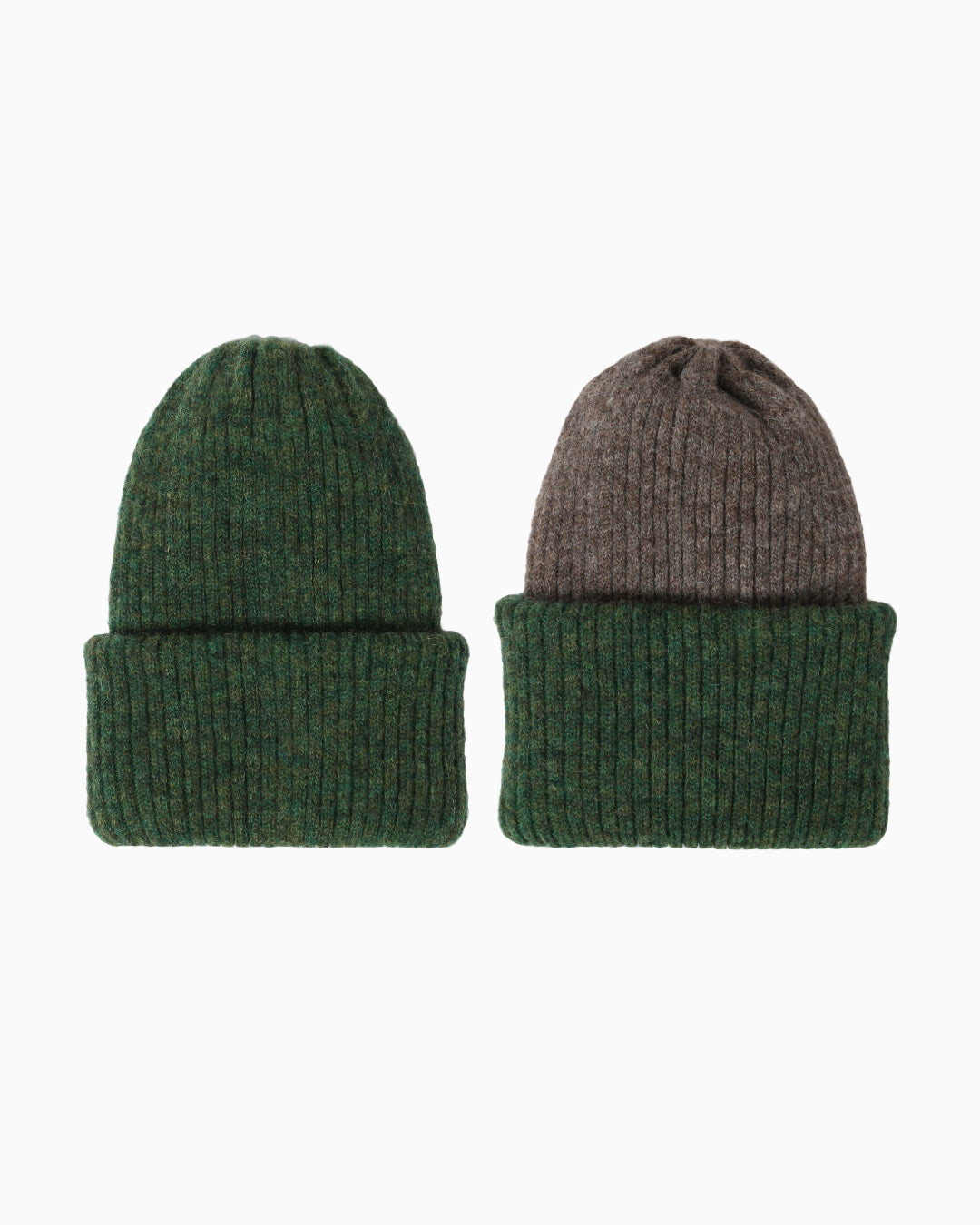 Belacaro beanies in forest green and grey baby alpaca, ribbed knit with folded brims, flat lay on white background.