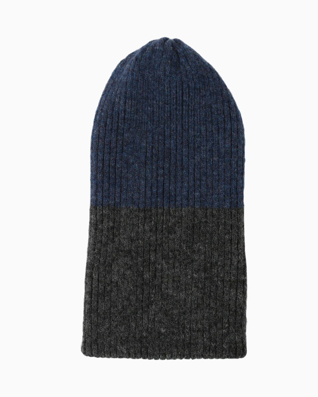 Belacaro beanie in navy and dark grey baby alpaca, ribbed knit half color block design, flat lay on white background.