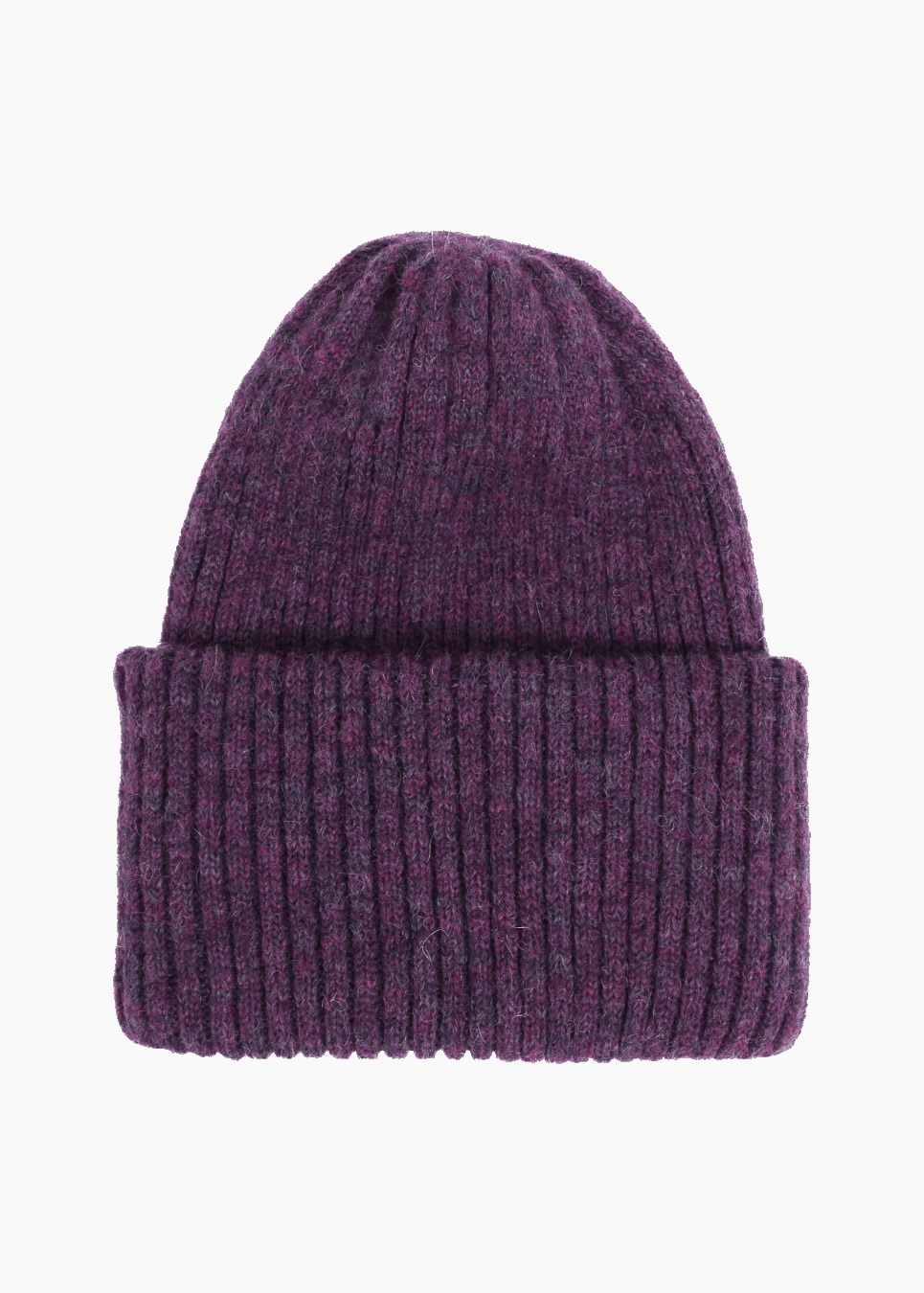 Belacaro beanie in purple baby alpaca, ribbed knit with folded brim, flat lay on white background.