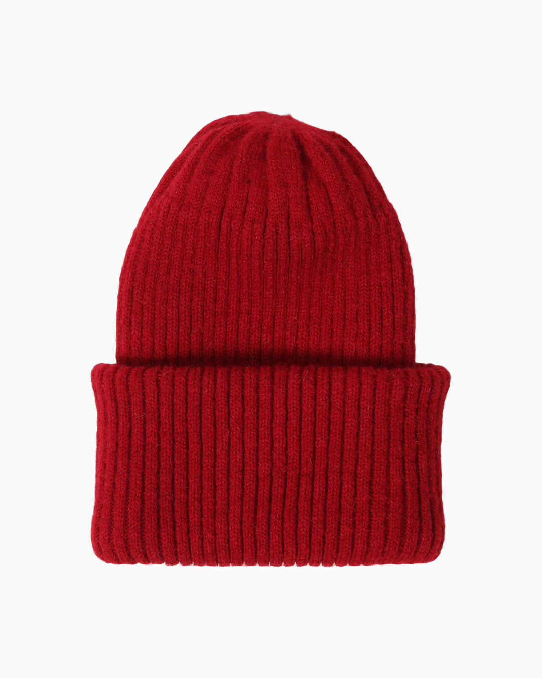 Belacaro beanie in bright red baby alpaca, ribbed knit with folded brim, handcrafted and soft texture, flat lay on white background.