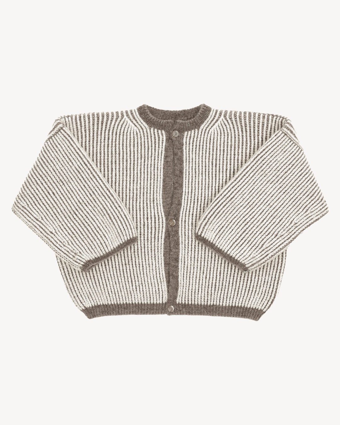 A bicolor brown and white cardigan with a ribbed texture, 3 buttons down the front and wide 3/4 sleeves