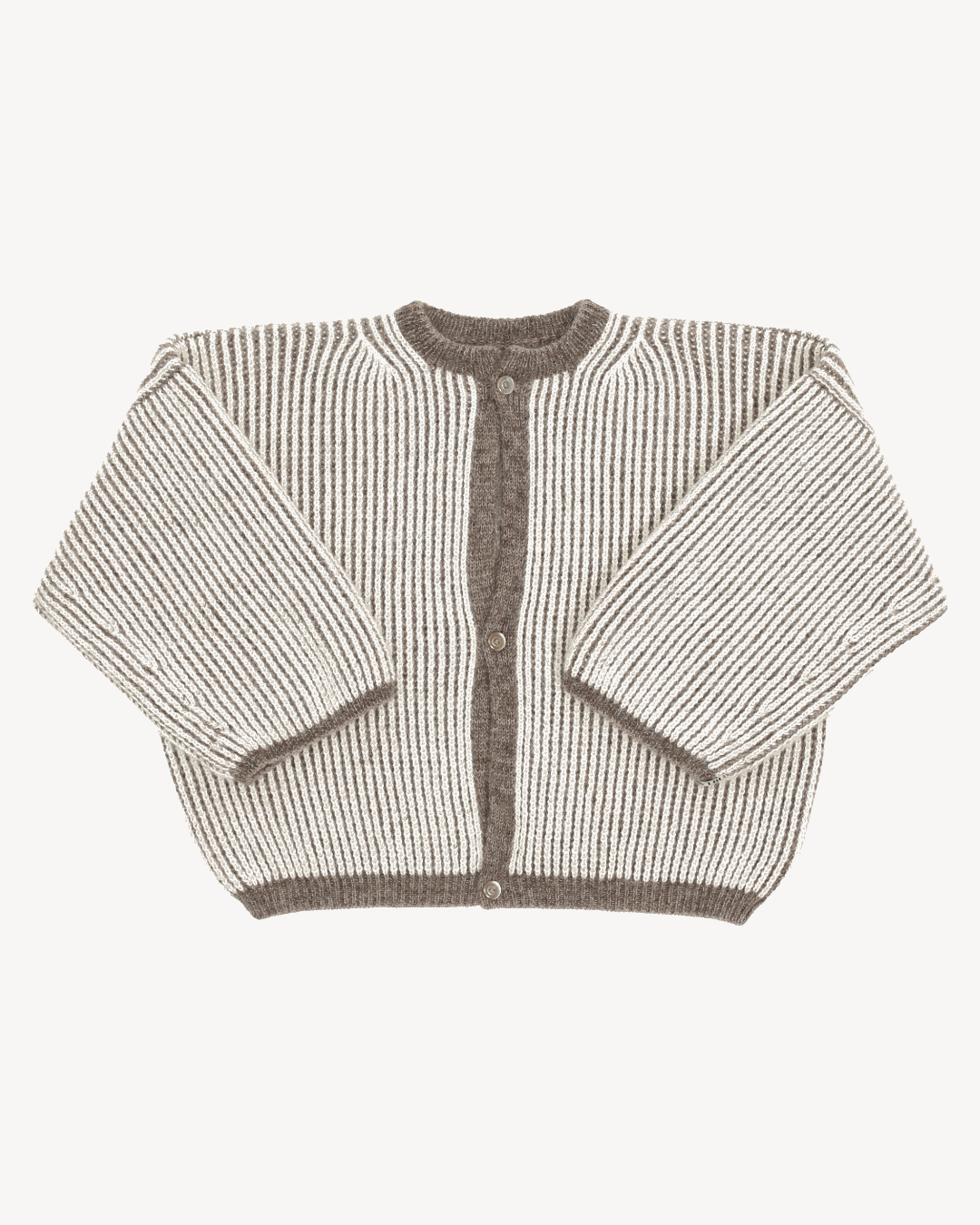 A bicolor brown and white cardigan with a ribbed texture, 3 buttons down the front and wide 3/4 sleeves